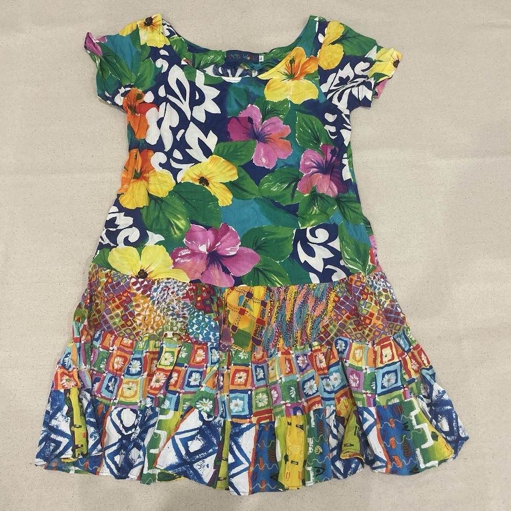 Jams World Dress Womens L Multicolor Art Floral Abstract Boho Hawaiian Babydoll