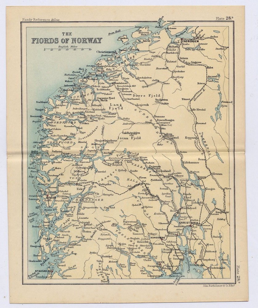 1912 Antique Map Of Fjords Of Norway / Verso Christiania Oslo Stockholm Maps