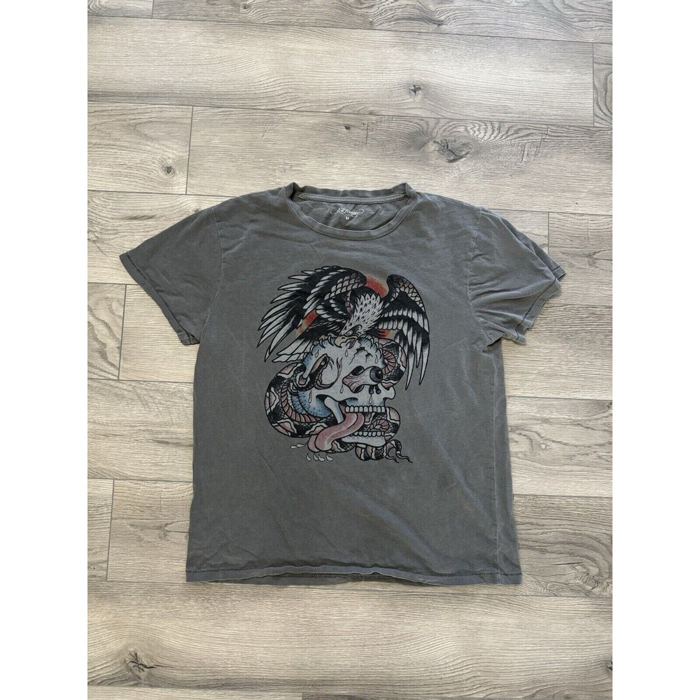 Vintage Ed Hardy T Shirt Gray Skull Graphics Print Tee Womens Size M