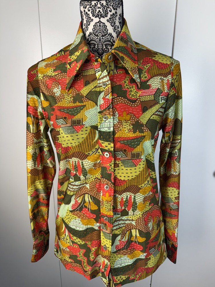 Vintage 1970s Disco Fall Color Party Shirt Rare Women’s All Over Print
