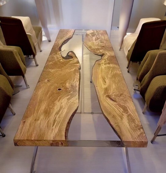 Clear Transparent Epoxy Resin Dining Table with Acacia Wood Centerpiece-image