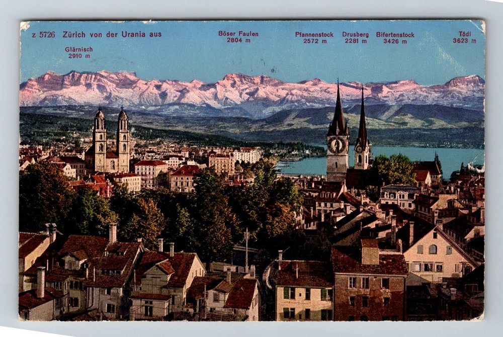 Switzerland- Zurich Elevated City & Lake View Alps Old PC Vintage c1925 Postcard