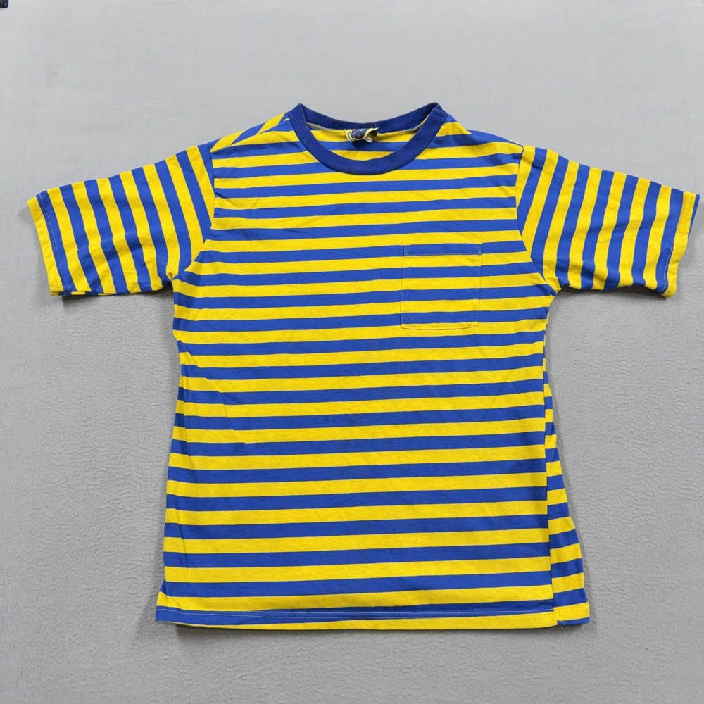 Vintage Weeds Shirt Mens Large Blue Yellow Striped Pocket Tee 90s Surf beach