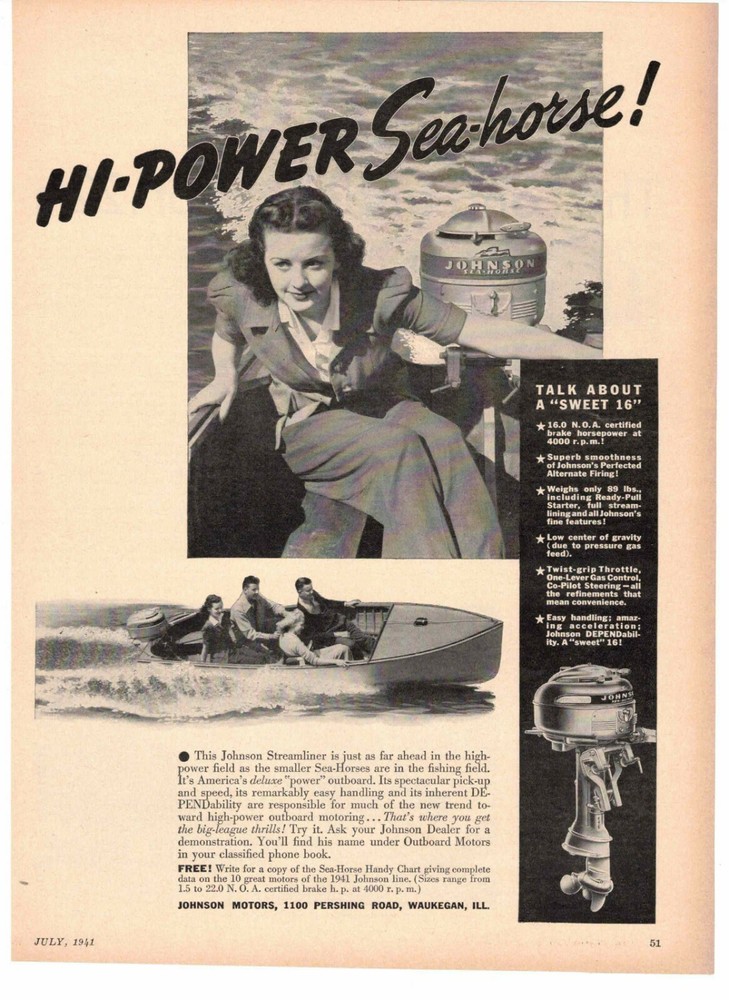 Johnson Sea Horse Outboard Motor 1941 Hi Power Waukegan IL