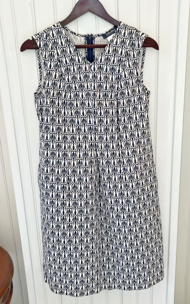 S Max Mara sz 6 A-Line Shift Graphic Print Cotton Dress Office Luxury Pockets