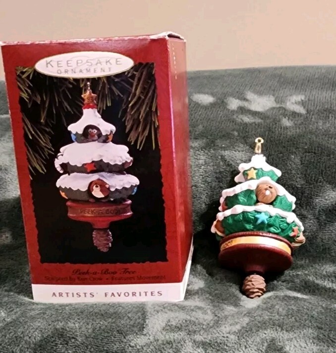 Vtg Hallmark Keepsake Xmas Ornament 1993 Peek-a-Boo Tree Ken Crow Movement Gift