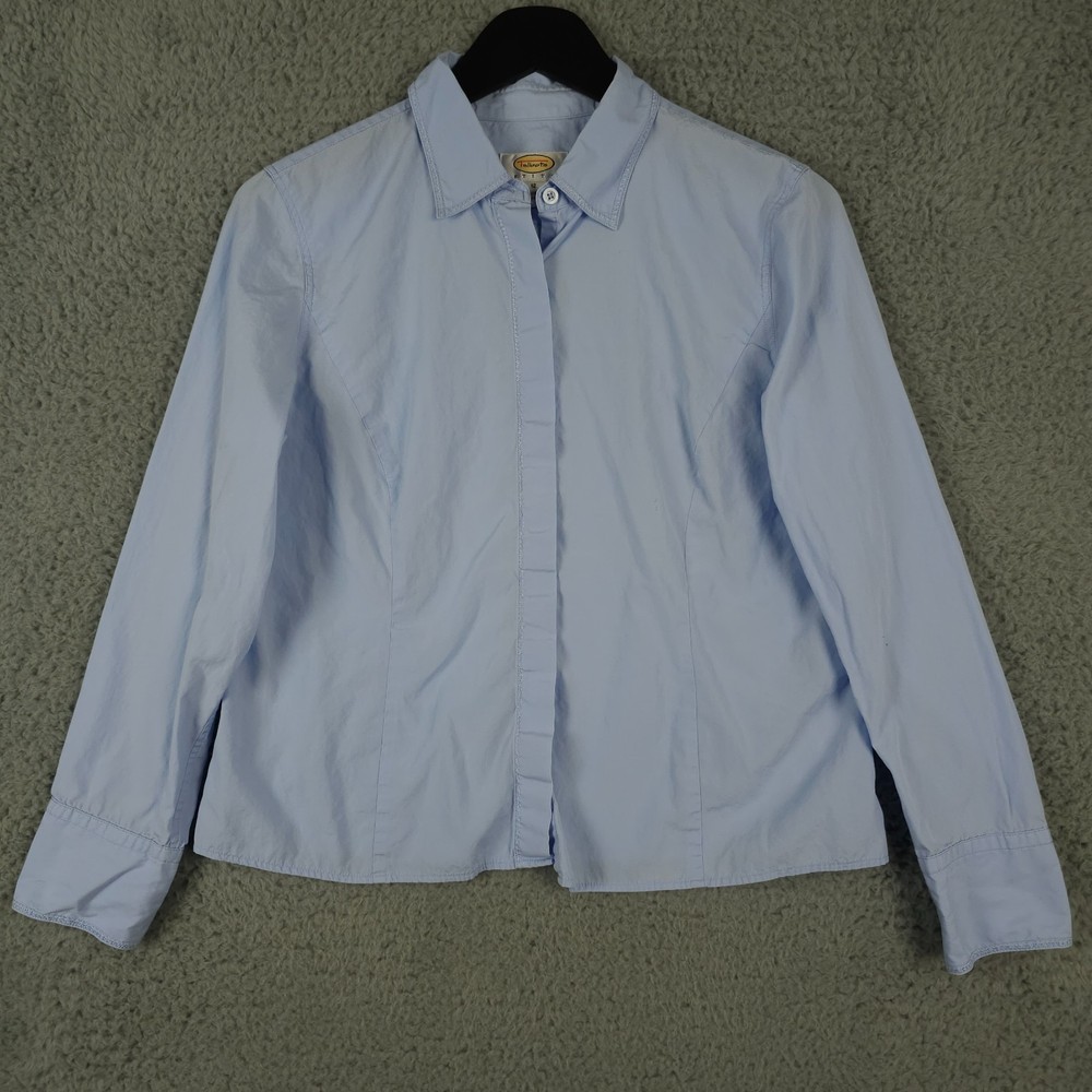 Vintage Talbots Shirt Womens 12P Petite Blue Hidden Button Up Crop Long Sleeve