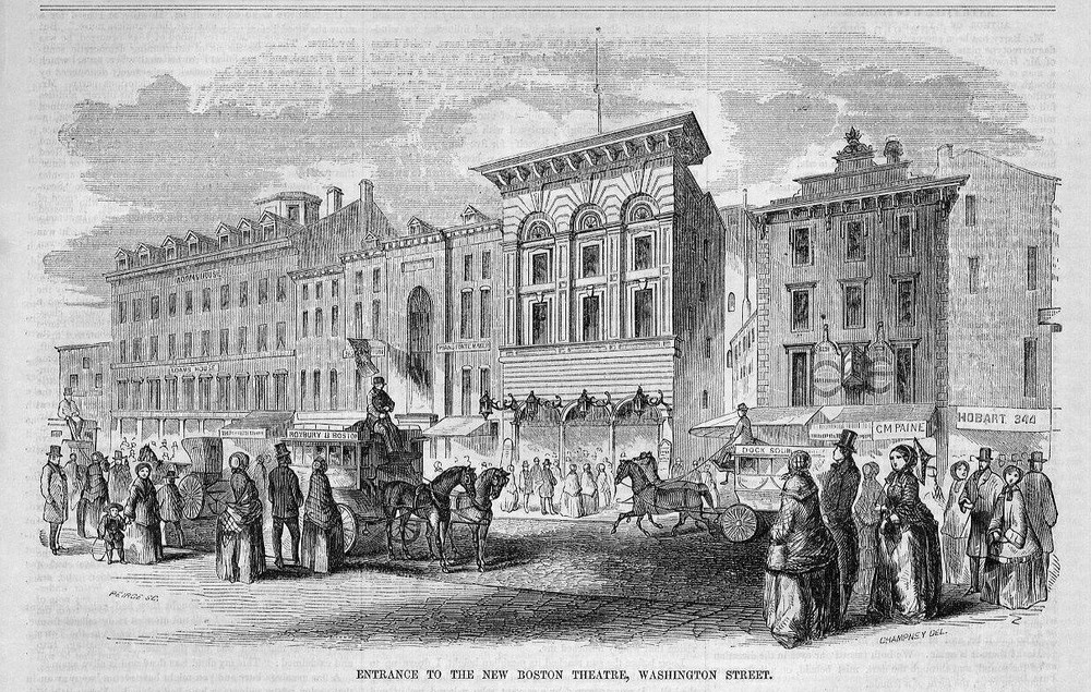 NEW BOSTON THEATRE WASHINGTON STREET 1855 ARCHITECTURE HORSES CARRIAGES HISTORY