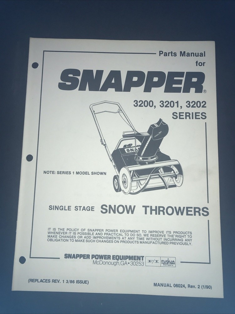 Snapper 3200 3201 3202 Series Snow Thrower Parts Manual