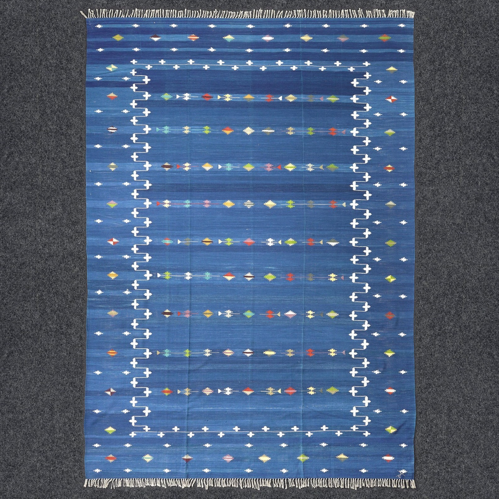Handwoven Cotton Dhurrie Rug Color Blue and White Handmade Design Carpet Rug