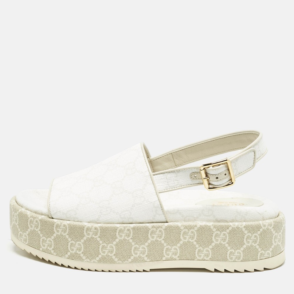 Gucci WhiteBeige GG Supreme Canvas Platform Sandals Size 385
