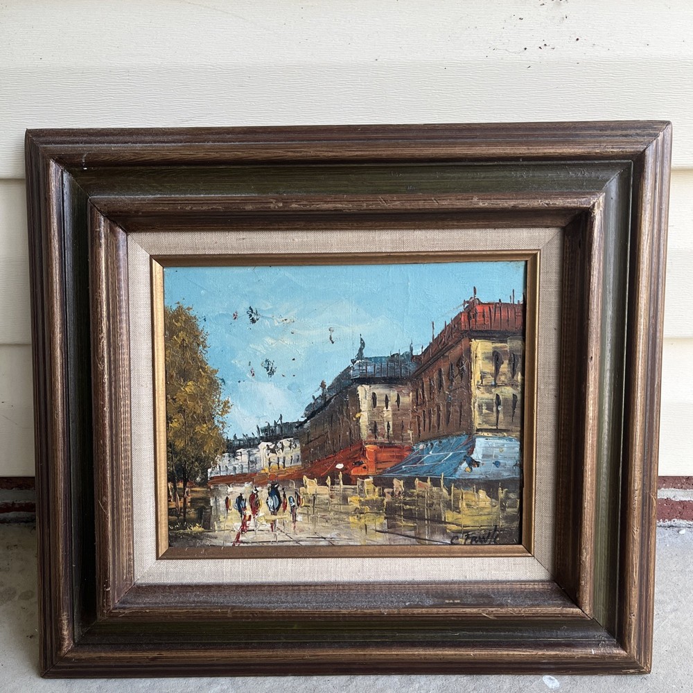 Expressionist Landscape City Oil Painting Canvas Vintage Framed Market Street