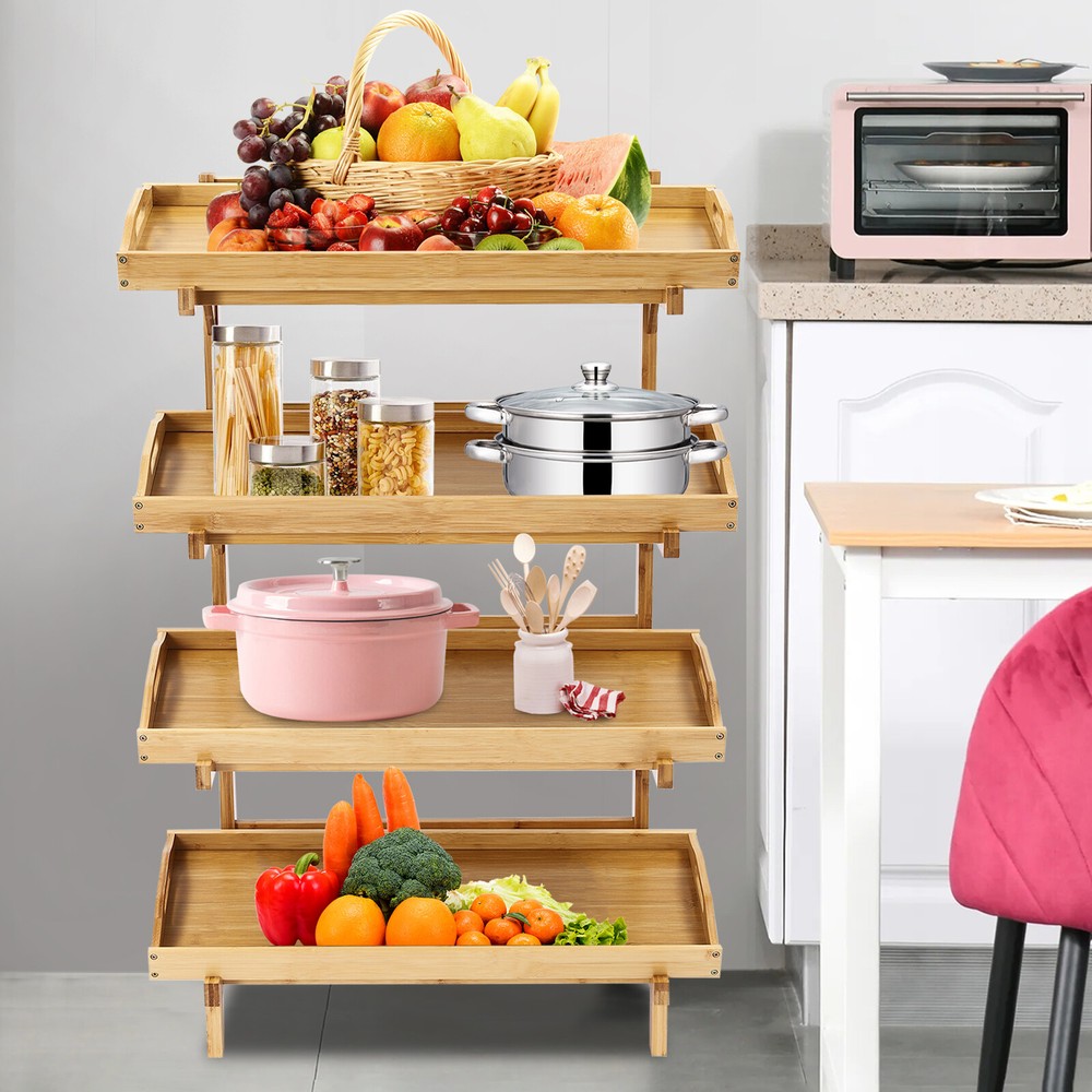 4-tier Storage Rack, Bamboo Storage Shelving Floor Standing with Removable Trays