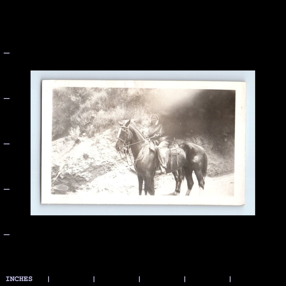 Old Vintage Photo WOMAN SITTING ON HORSE FINGER IN FRAME ABSTRACT