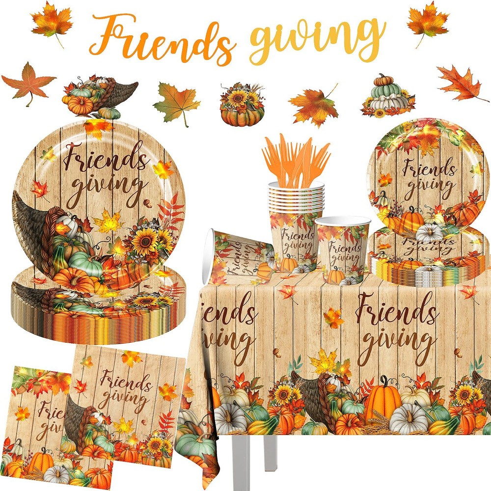 Friendsgiving Party Decorations Kit - 142pcs Fall Plates and Napkins Set for Thanksgiving Gatherings