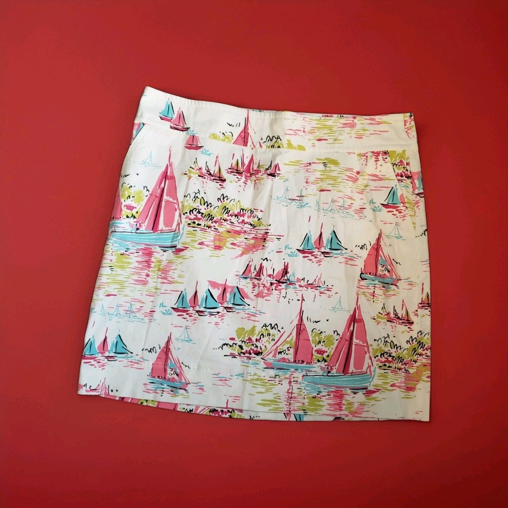 Talbots Mini Skirt White Pink Sail Boat Nautical Beach Summer Womens Size 16 EUC
