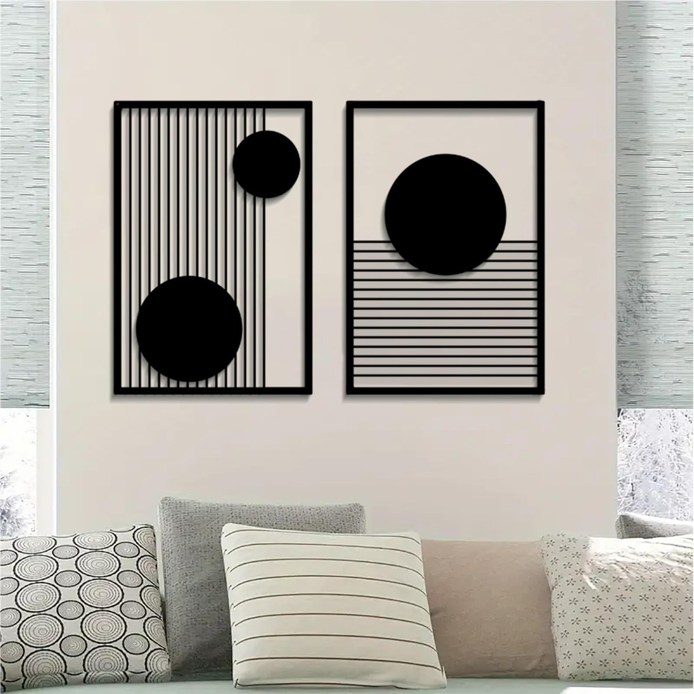 Large 2 Pcs Abstract Metal Wall Art,Black Modern Geometric Wall Decor Hanging...
