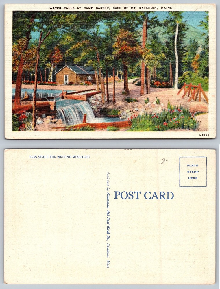 Camp Baxter Water Falls Mt Katahdin Maine Linen Postcard Vintage E-5536