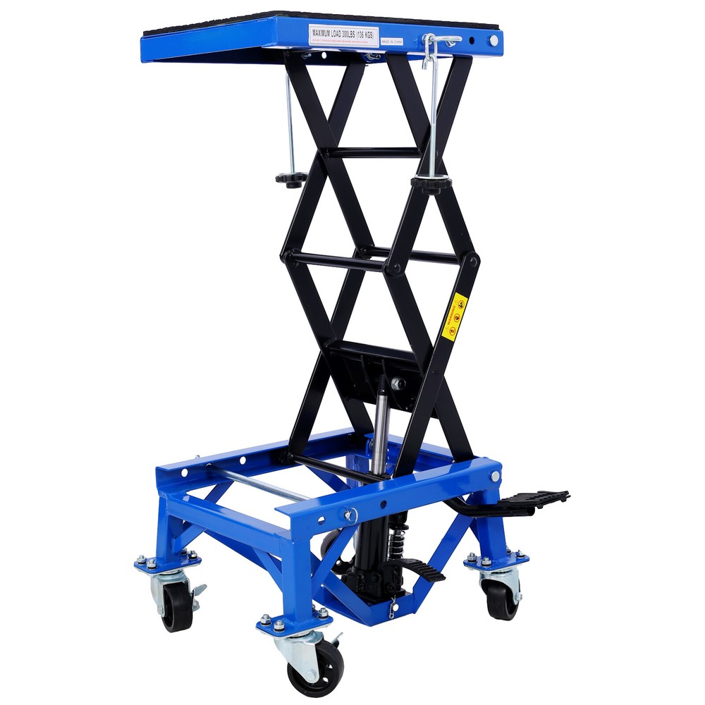 300 lb Hydraulic Motorcycle Scissor Jack Lift with Foot Step and Wheels for Dirt Bikes in Blue