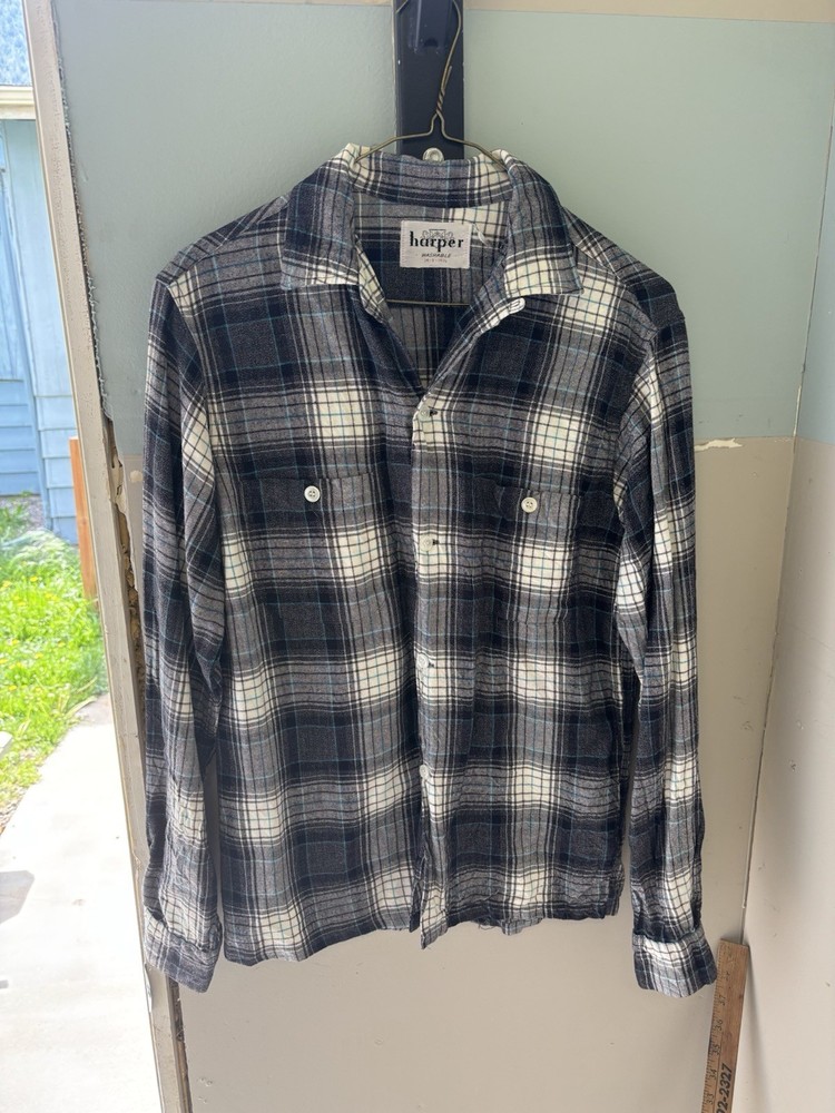 Vtg 1950s 60s Rayon Gabardine Flannel Pattern Men’s Loop Collar Shirt Size Small