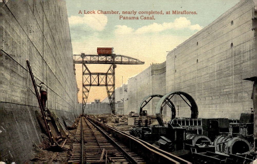 C1915 Miraflores Lock Panama Canal Construction Color Litho Postcard Canal Zone