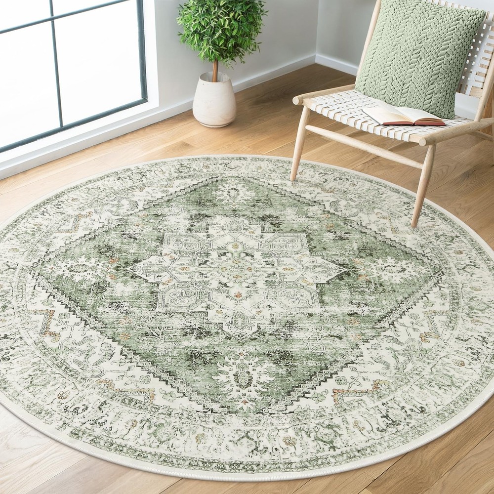 Medallion Round Area Rug 5ft, Vintage Washable Sage Green Circle Rug for Bedr...