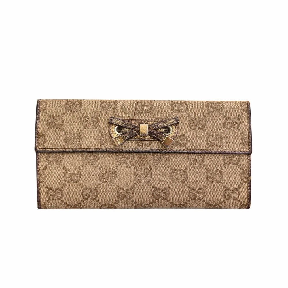 Authentic Gucci GG Monogram Bow Wallet Tan Canvas Vintage Gold Tone