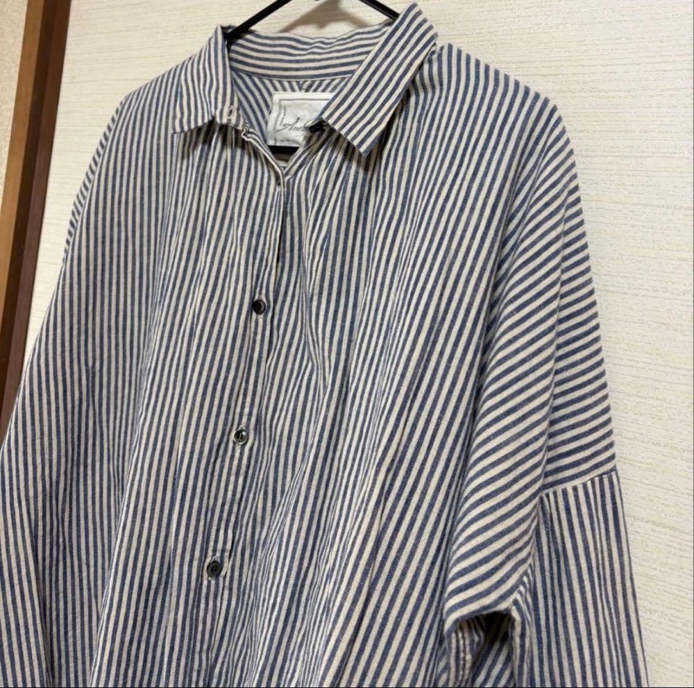ICHI Antiquites Linen Cotton Soft Shirt Cocoon Silhouette Striped