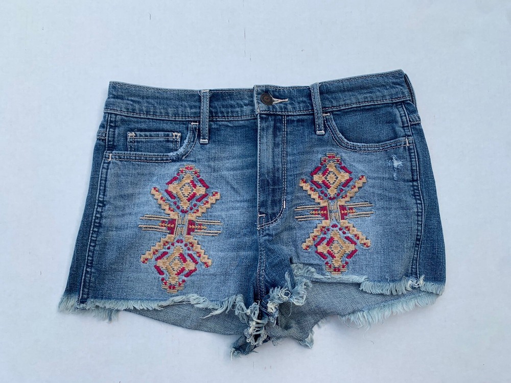 Hollister Women's Sz 3/26 Denim High Rise Embroidered Cut-off Shorts