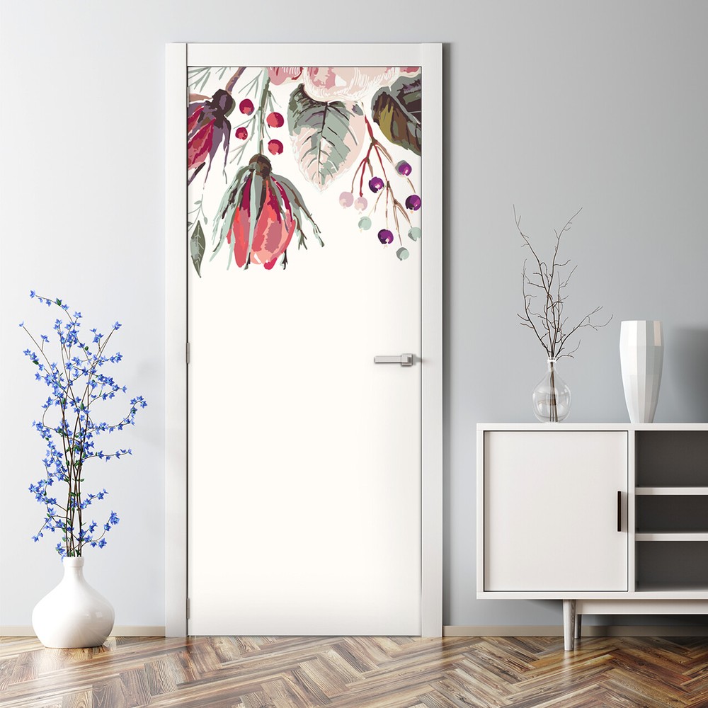 Bubble Free Door sticker Vintage Field Flowers Floral Watercolour Decal Decor