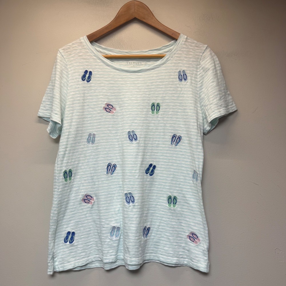 Talbots T-Shirt Womens Medium Blue White Excellent Striped Flip Flop Embroidered