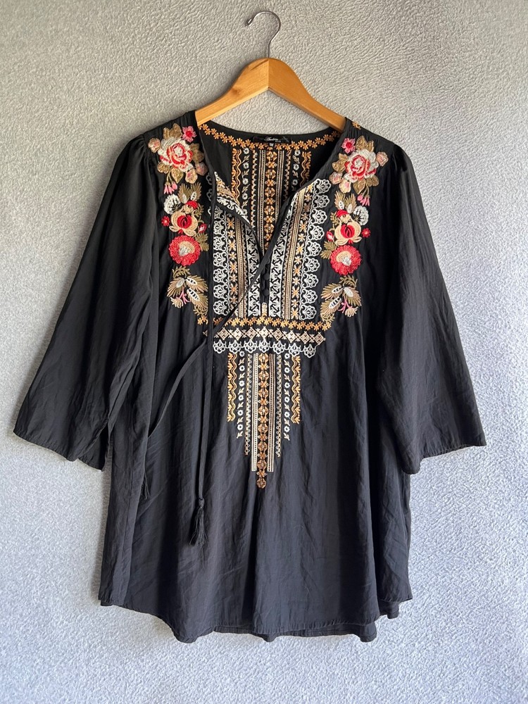 Andree By Unit Blouse Womens Medium Floral Embroidered Tunic Boho Peasant