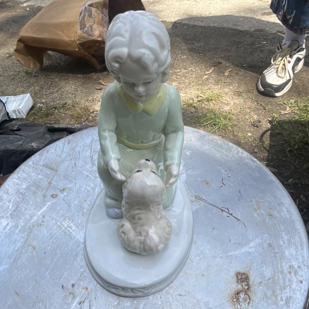 Vintage Ceramic Figurine Child with Dog Glossy White Light Green Beige Sculpture