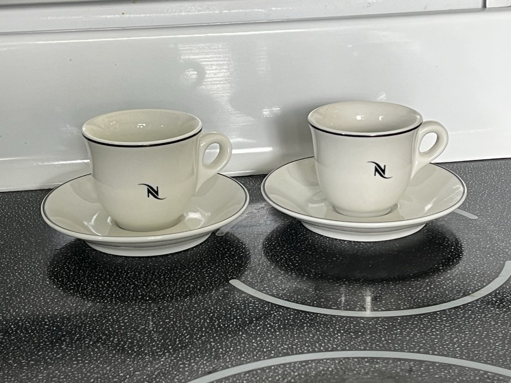 Set of 2 Nespresso Cappuccino White Ivory Coffee Cups w Saucers