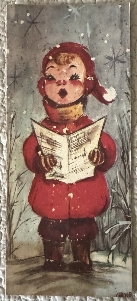 Unused Christmas Boy Sing Hold Sheet Music Mouth Open Greeting Card 1950s 1960s