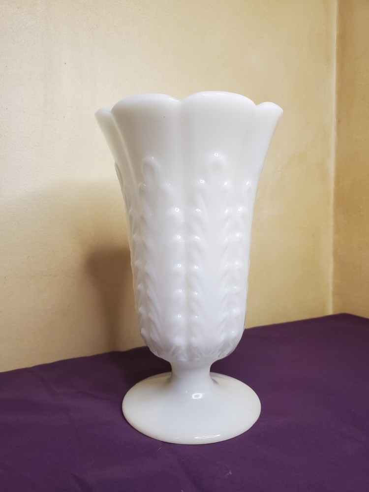 Vintage E O Brody White Milk Glass Vase Footed 8 Panel Fern 9