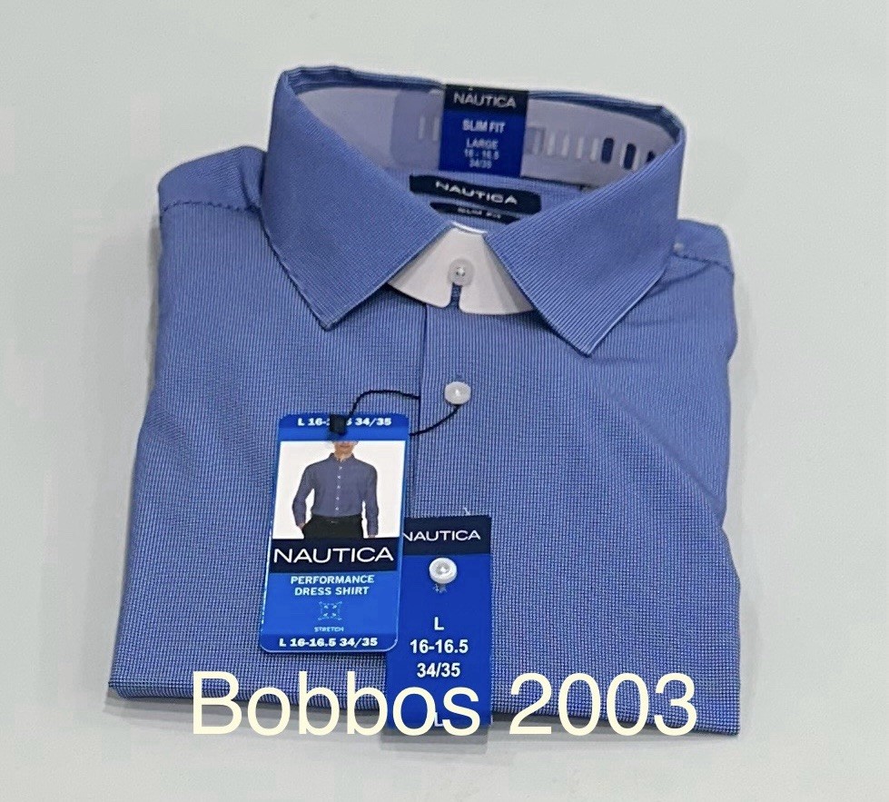 Nautica Men's Performance Slim Fit Dress Shirt, Navy, L (16-16.5, 34/35)