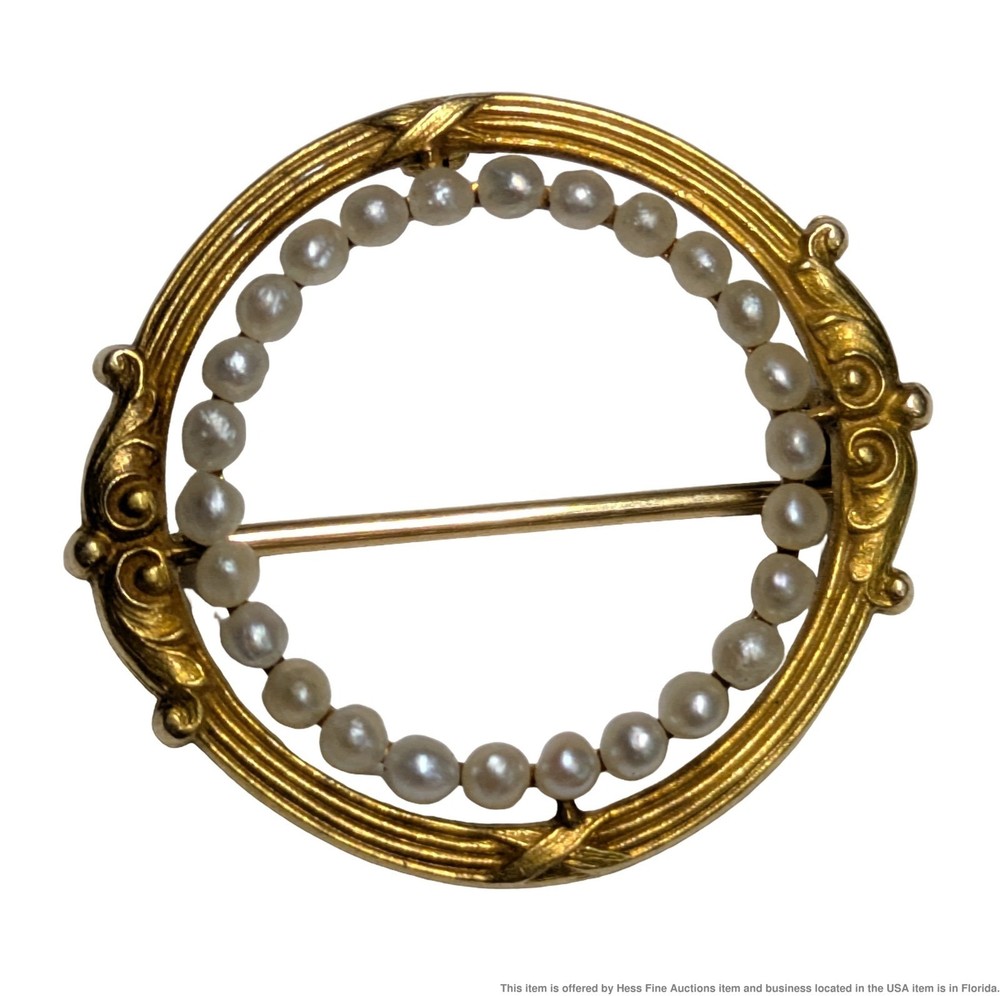 Art Nouveau 14K Yellow Gold Cultured Seed Pearl Signed Antique Circle Brooch Pin