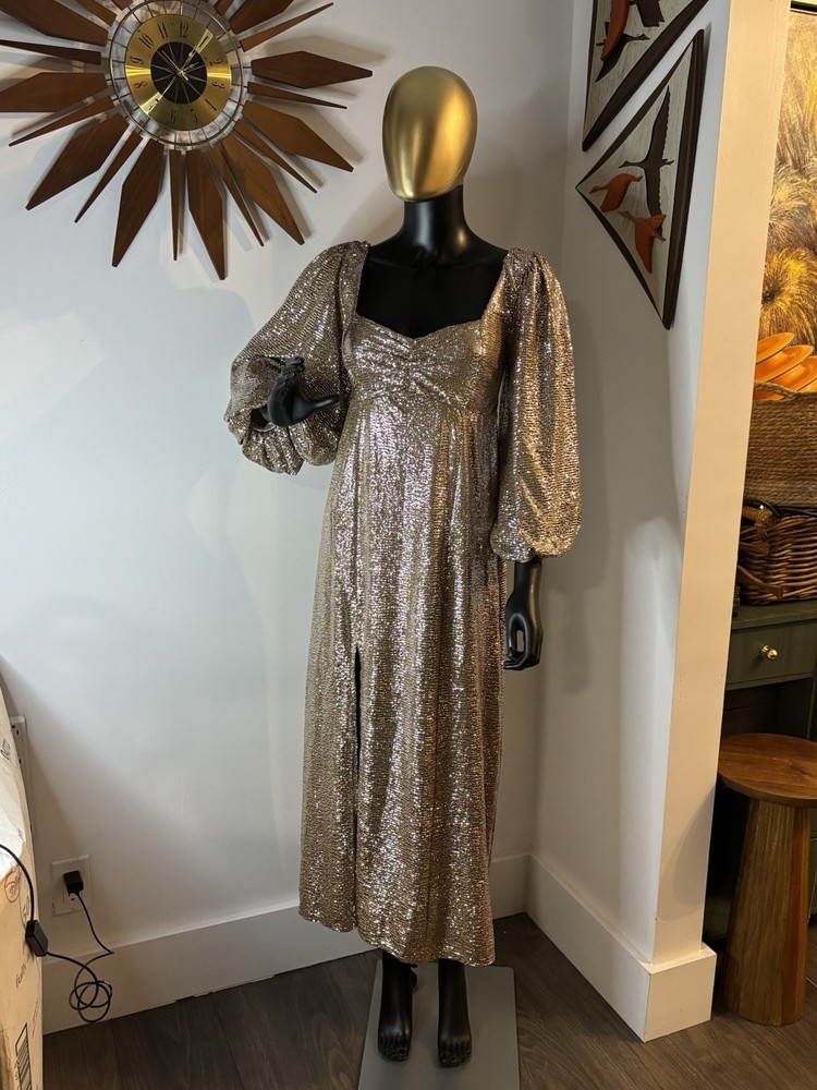 Show Me Your Mumu Sydney Midi Dress in metallic gold sequin