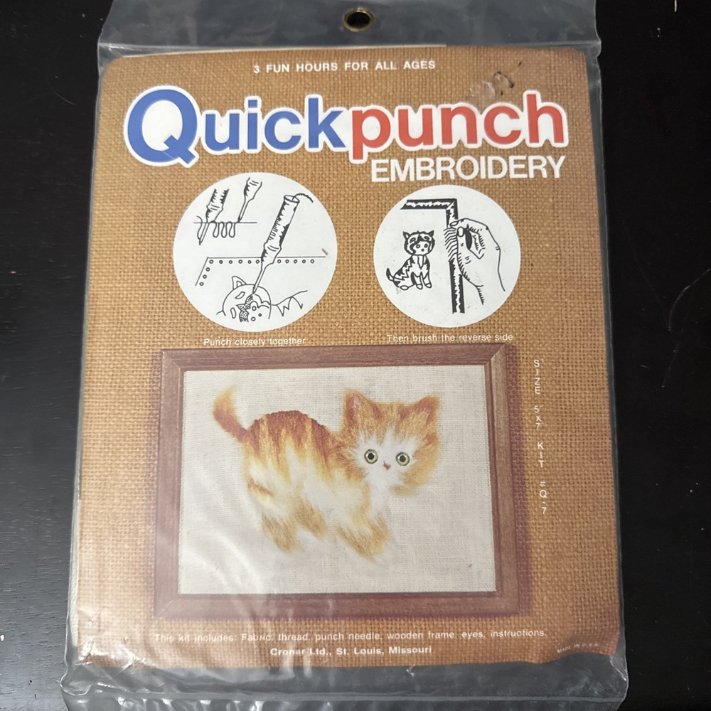 Vintage Cat Quickpunch Embroidery Kit w Punch Needle & Thread