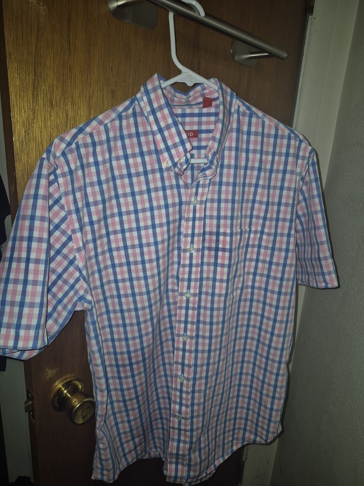 IZOD Men's M Pink Blue White Plaid Cotton Short Sleeve Button-Down Shirt