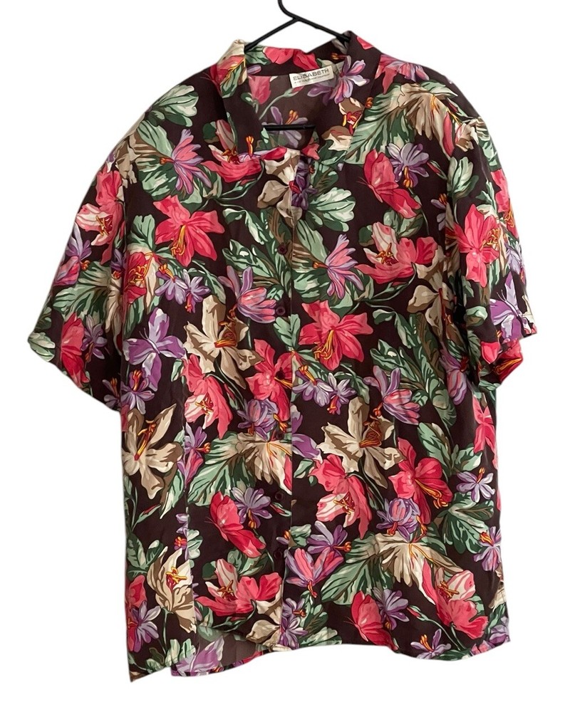 Elisabeth Liz Claiborne 100% silk button down shirt sz 20 floral blouse vacation