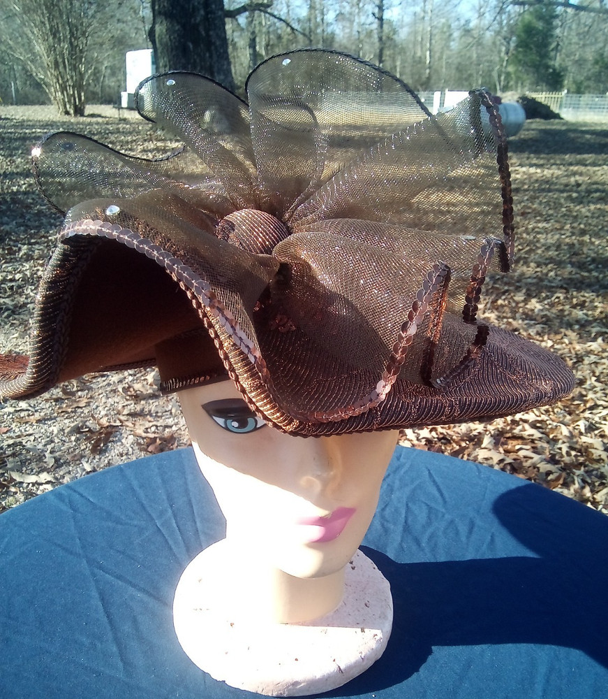 Mr. Hi's Classic Brown Felt Copper Sequins Glittery Netting Side-Pouf Church Hat