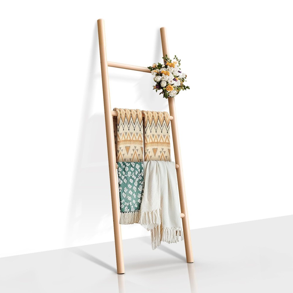 Natural Solid Wood Blanket Ladder, Decorative Towel Display Rack Holder, 4 Ti...