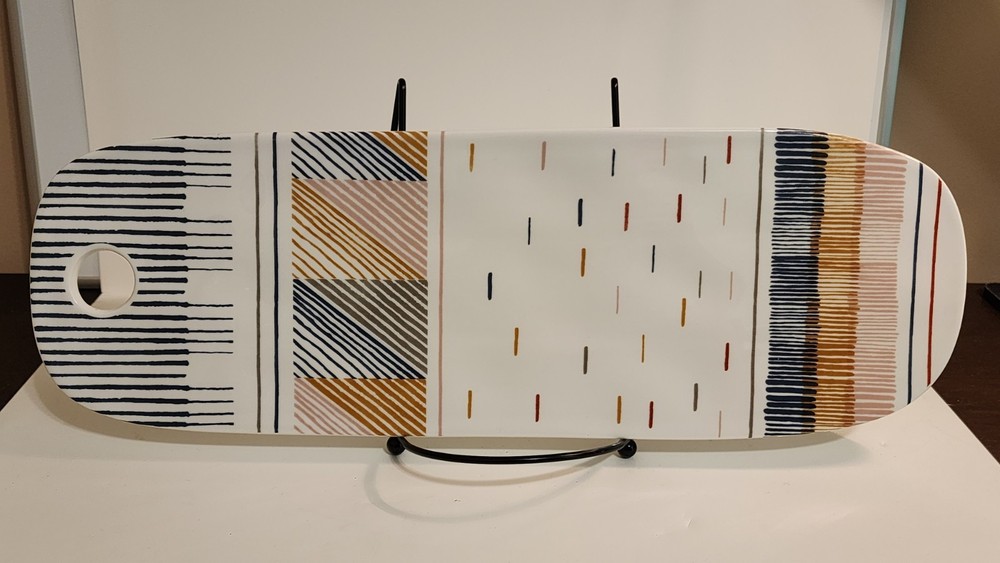 Crate & Barrel Ceramic Cheese Board Serving Tray White W/Stripes 16