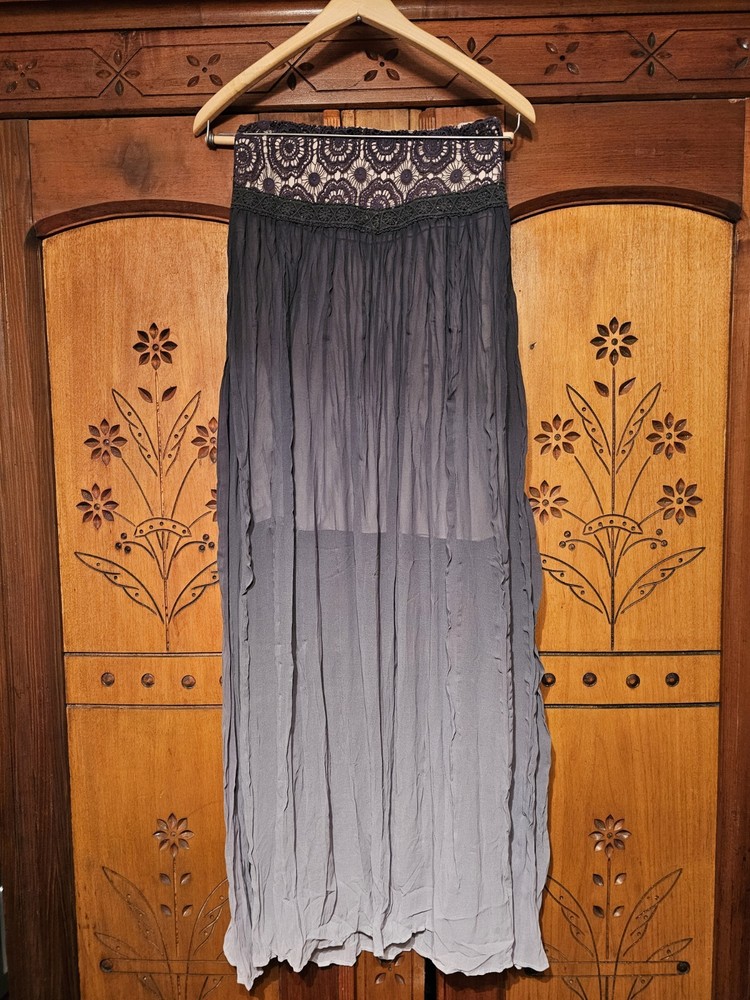 Gray Ombre Maxi Skirt with Lace Waistband and Elastic Waist