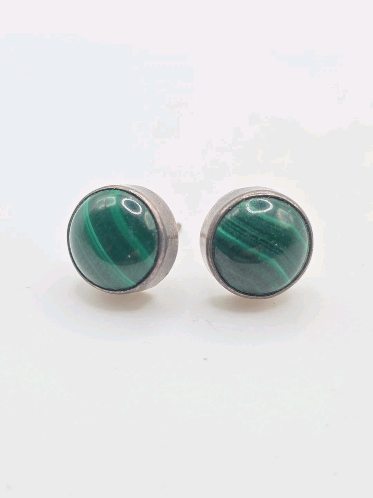 Vintage Sterling Silver 925 Round Malachite Stud Earrings
