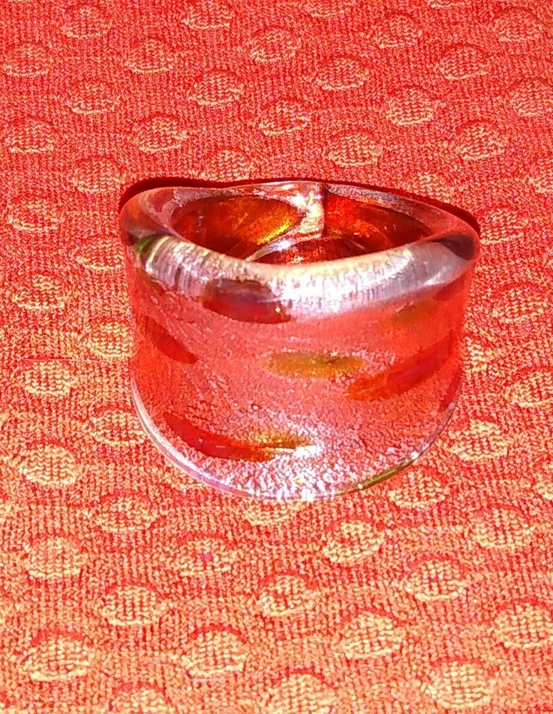 Handmade Art Glass Ring abstract metallic silver with green and brown dots 9.5-image