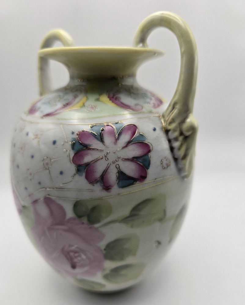 Unmarked Hand Painted Floral Ceramic Vase Double Handles White Purple Green