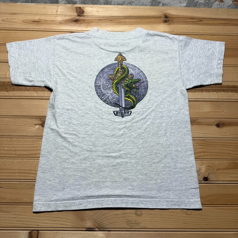 Vintage 90s Utility Dragon Sword Shield Graphic Heather T-Shirt USA Made Medium